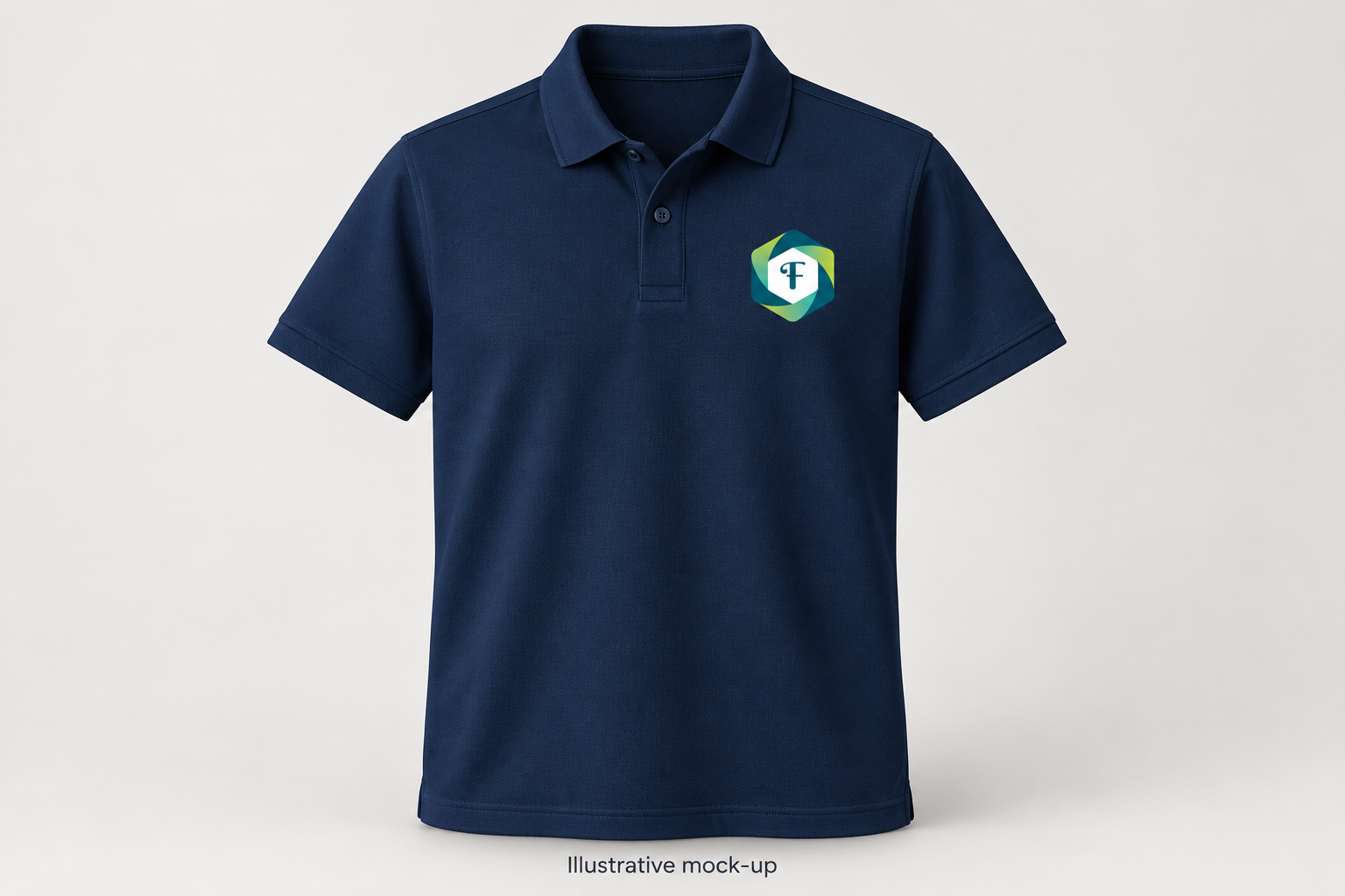 Illustrative navy FFLP polo mock-up; final branding and logo placement may vary.